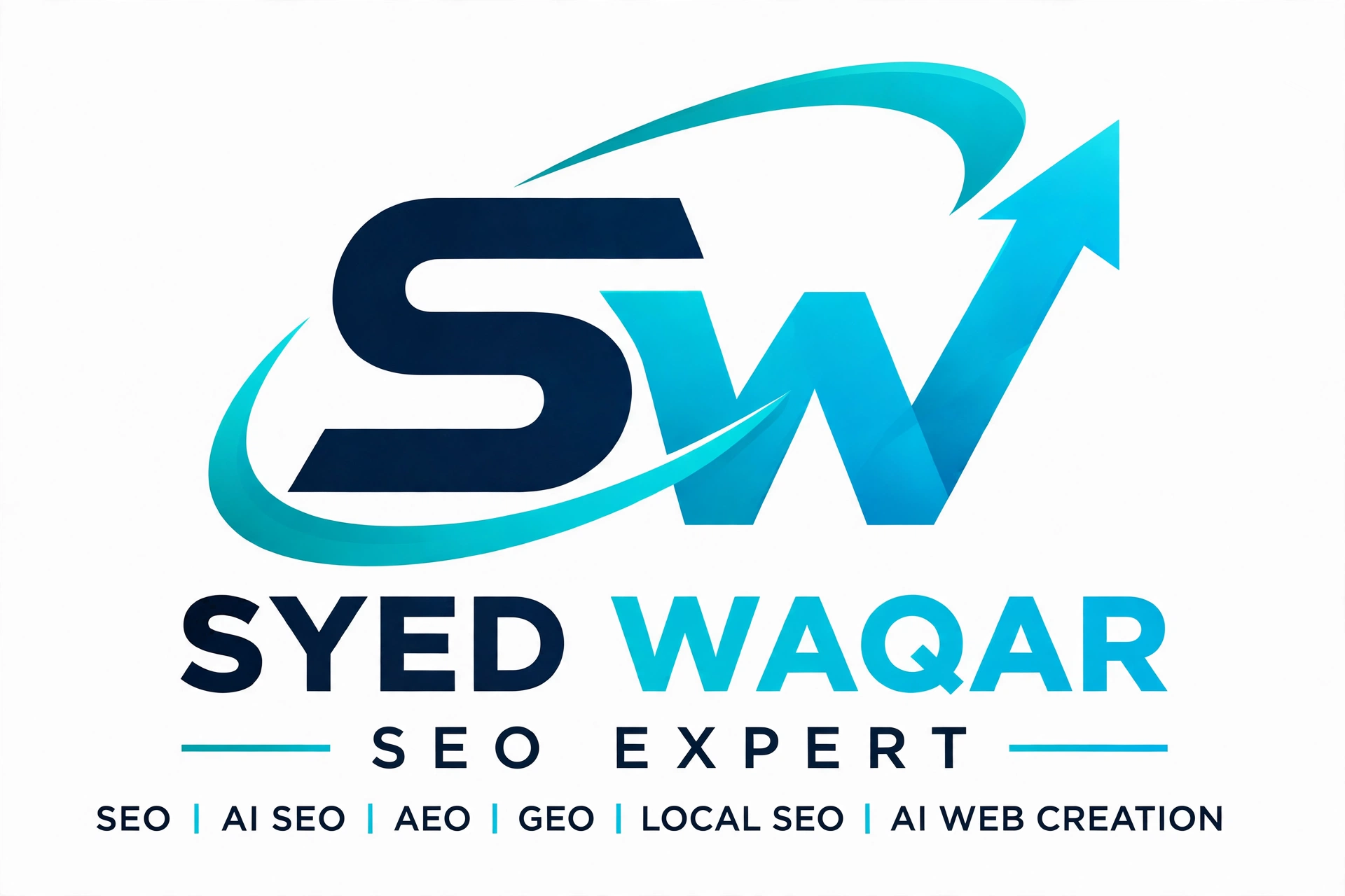 Syed Waqar — SEO Expert logo: SW monogram with aqua swoosh and upward growth arrow